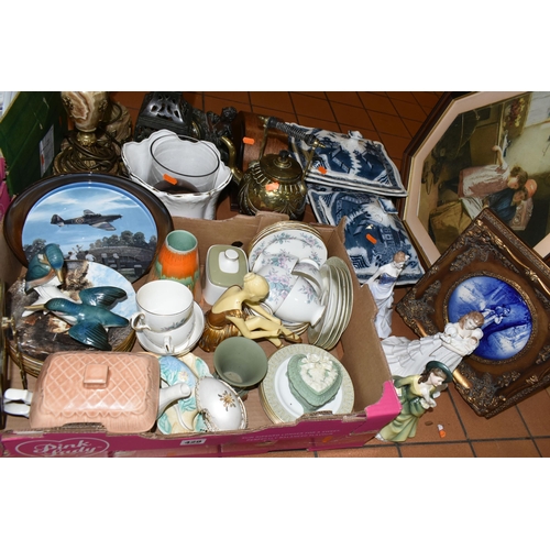 429 - THREE BOXES OF CERAMICS AND SUNDRIES, to include a pair of marble and gilt metal table lamps, height... 