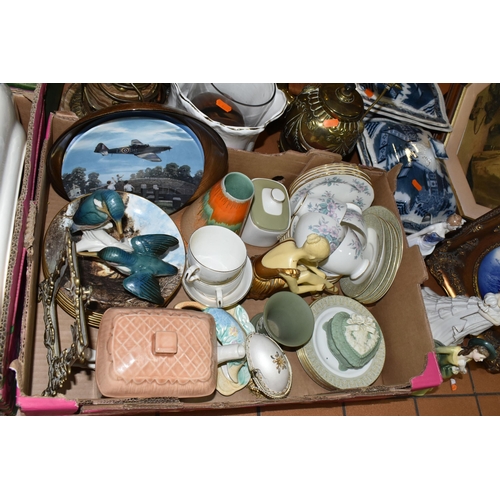 429 - THREE BOXES OF CERAMICS AND SUNDRIES, to include a pair of marble and gilt metal table lamps, height... 