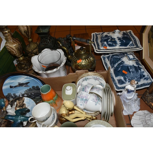 429 - THREE BOXES OF CERAMICS AND SUNDRIES, to include a pair of marble and gilt metal table lamps, height... 