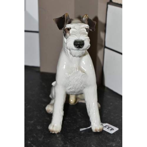 433 - A NYMPHENBURG PORCELAIN FIGURE OF A SEATED FOX TERRIER, impressed no's 628 5, impressed shield mark,... 