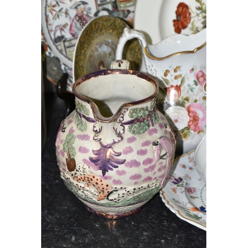 435 - A GROUP OF 19TH AND 20TH CENTURY JUGS, PLATES AND CHARGERS, comprising a Sunderland lustre jug mould... 