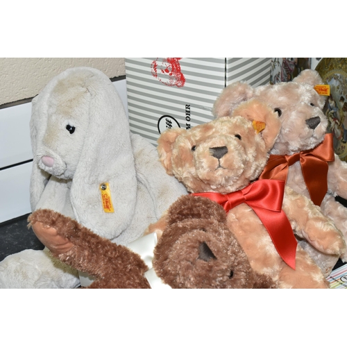 436 - THREE STEIFF YEAR BEARS 2020-2022 AND A STEIFF SOFT AND CUDDLY FRIENDS 'HOPPIE', all with buttons in... 