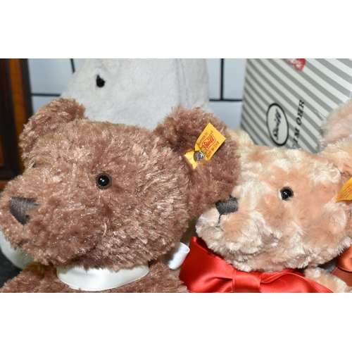 436 - THREE STEIFF YEAR BEARS 2020-2022 AND A STEIFF SOFT AND CUDDLY FRIENDS 'HOPPIE', all with buttons in... 