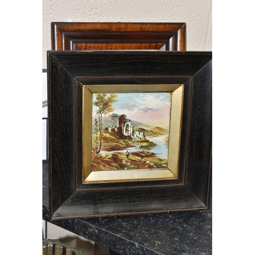 437 - FOUR FRAMED LATE 19TH CENTURY TILE PICTURES, comprising a rectangular tile painted with a late 18th ... 