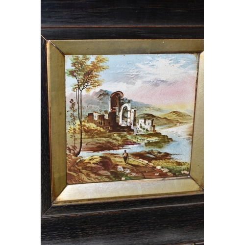 437 - FOUR FRAMED LATE 19TH CENTURY TILE PICTURES, comprising a rectangular tile painted with a late 18th ... 