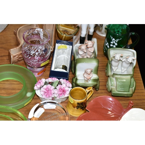 438 - A GROUP OF ASSORTED CERAMICS AND GLASSWARE, including a modern Belleek twin handled vase, height 21c... 