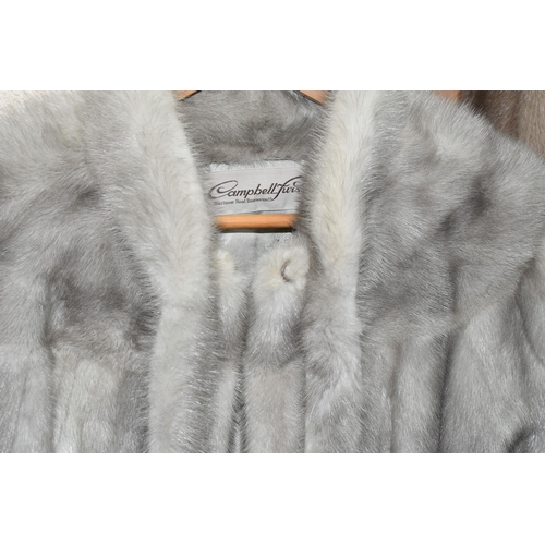 442 - THREE LADIES' FUR COATS, comprising a silver fur example with white fur cuffs, and a brown for examp... 