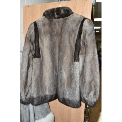 442 - THREE LADIES' FUR COATS, comprising a silver fur example with white fur cuffs, and a brown for examp... 