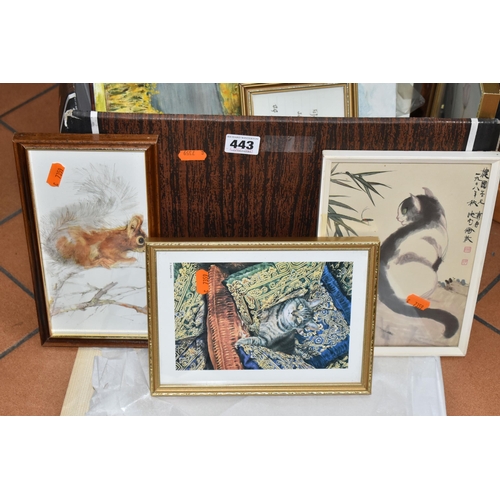 443 - A BOX AND LOOSE PAINTINGS AND PRINTS, to include amateur oils on board, a watercolour depicting the ... 