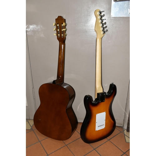 445 - AN ELECTRIC STRATOCASTER STYLE GUITAR, indistinct signature to the headstock, together with a Hokada... 