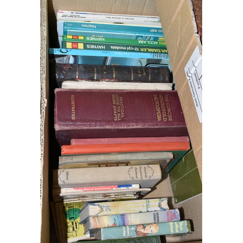 447 - TWO BOXES OF HARDBACK BOOKS ETC, to include thirty volumes of Waverley Novels, Haynes service manual... 