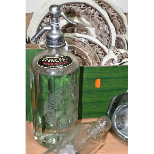 448 - TWO BOXES AND LOOSE ASSORTED GLASSWARES AND CERAMICS, to include a vintage Job Wragg soda syphon, pa... 