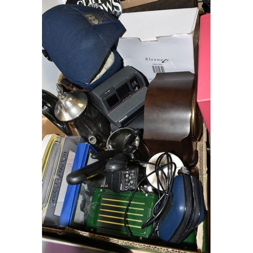 453 - TWO BOXES AND LOOSE CAMERAS, LADIES' ACCESSORIES, CLOCK AND SUNDRY ITEMS, to include boxed Jacques V... 