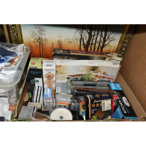 454 - FOUR BOXES AND LOOSE HAMPER, AS NEW GOODS, PICTURES, AND SUNDRY ITEMS, to include a quantity of as n... 