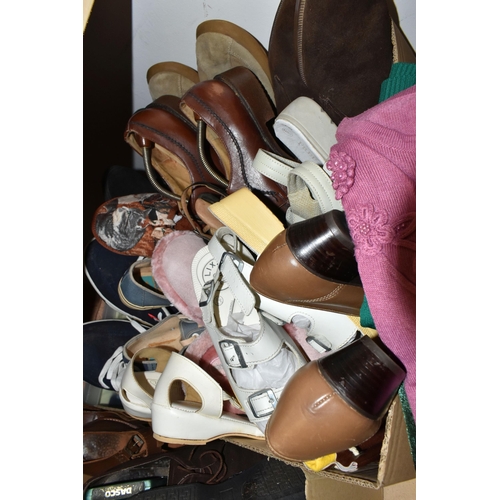 457 - SIX BOXES OF CLOTHING AND ACCESSORIES, to include knitwear, shirts, coats, shoes and bags, brands an... 