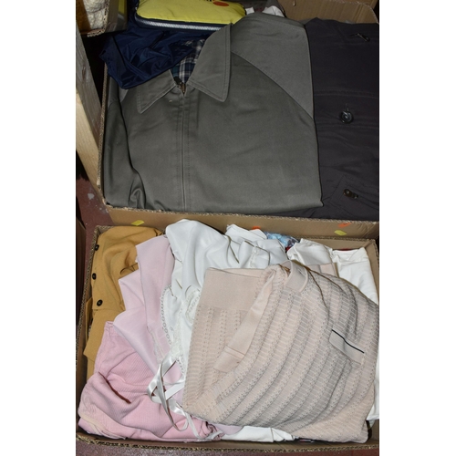 458 - TEN BOXES OF CLOTHING, men's and ladies' clothes to include knitwear, coats, t-shirts, and trousers,... 