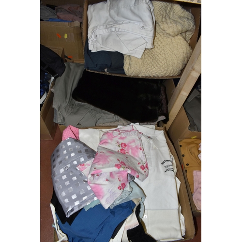 458 - TEN BOXES OF CLOTHING, men's and ladies' clothes to include knitwear, coats, t-shirts, and trousers,... 