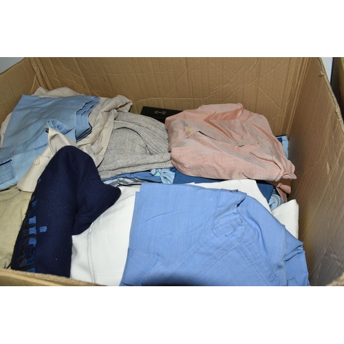 458 - TEN BOXES OF CLOTHING, men's and ladies' clothes to include knitwear, coats, t-shirts, and trousers,... 