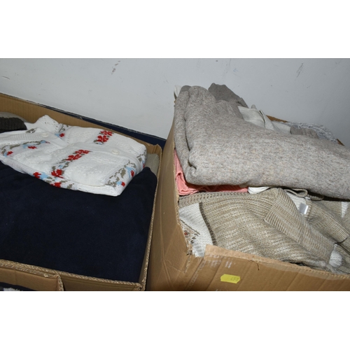 458 - TEN BOXES OF CLOTHING, men's and ladies' clothes to include knitwear, coats, t-shirts, and trousers,... 