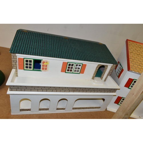 459 - TWO WOODEN DOLL'S HOUSES, one modelled as a detached house with side garage, front opening, the othe... 