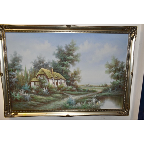 469 - DECORATIVE PAINTINGS AND MIRRORS ETC, comprising a large oil on canvas landscape signed Marten, appr... 