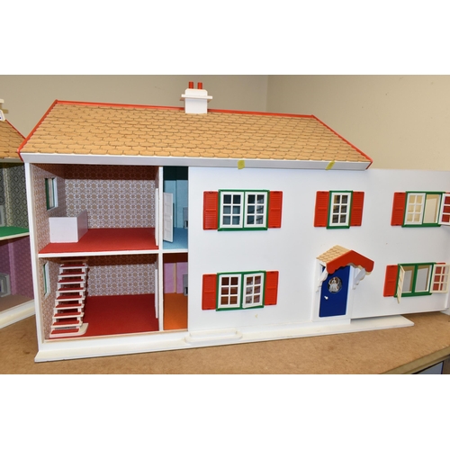 470 - TWO WOODEN DOLL'S HOUSES, modelled as a detached house with side garage, front opening, no furniture... 