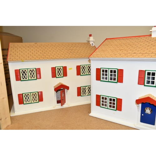 470 - TWO WOODEN DOLL'S HOUSES, modelled as a detached house with side garage, front opening, no furniture... 