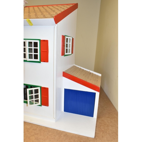 470 - TWO WOODEN DOLL'S HOUSES, modelled as a detached house with side garage, front opening, no furniture... 