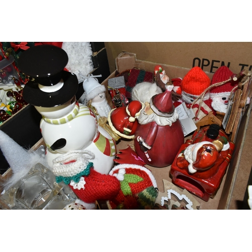 472 - TEN BOXES OF CHRISTMAS DECORATIONS AND CHRISTMAS TREES, to include Premier plush reindeer, soft toys... 