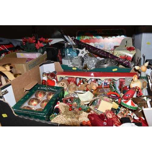 472 - TEN BOXES OF CHRISTMAS DECORATIONS AND CHRISTMAS TREES, to include Premier plush reindeer, soft toys... 