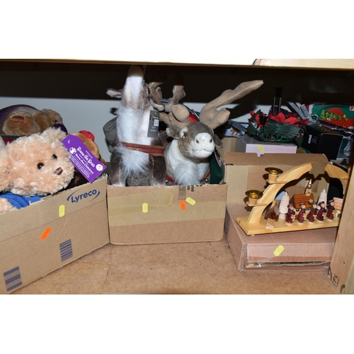 472 - TEN BOXES OF CHRISTMAS DECORATIONS AND CHRISTMAS TREES, to include Premier plush reindeer, soft toys... 