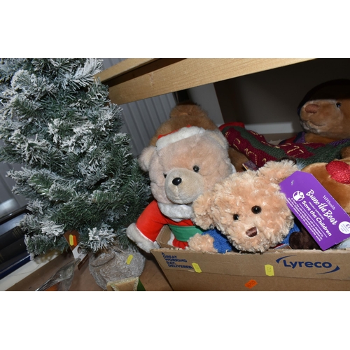 472 - TEN BOXES OF CHRISTMAS DECORATIONS AND CHRISTMAS TREES, to include Premier plush reindeer, soft toys... 