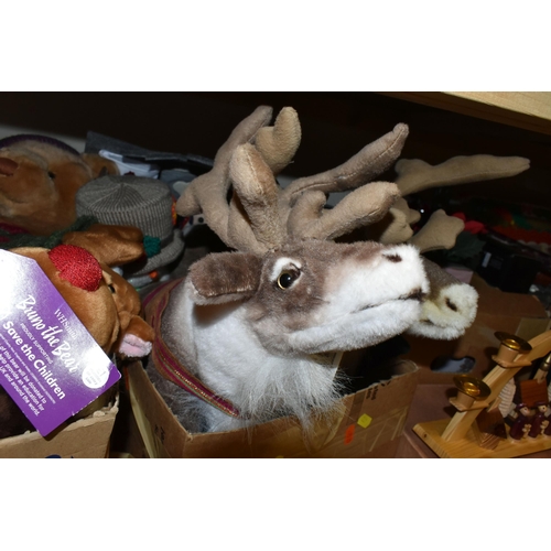 472 - TEN BOXES OF CHRISTMAS DECORATIONS AND CHRISTMAS TREES, to include Premier plush reindeer, soft toys... 