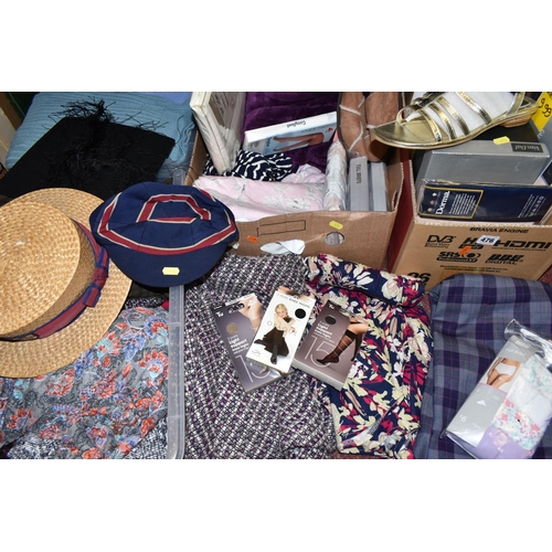 476 - SIX BOXES OF LADIES' CLOTHING AND ACCESSORIES, to include skirts, sweaters and tops, mostly Uk size ... 