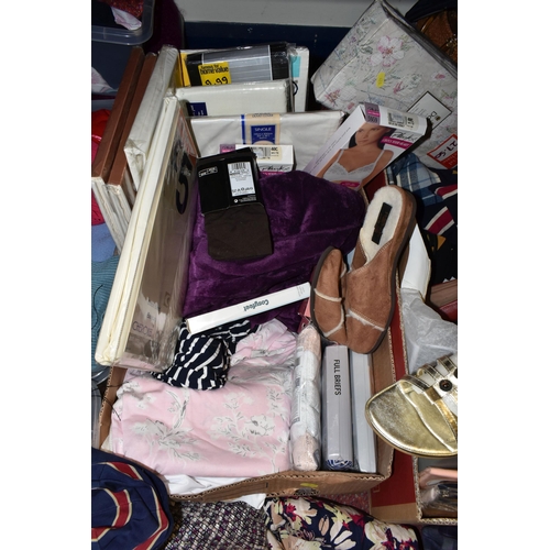 476 - SIX BOXES OF LADIES' CLOTHING AND ACCESSORIES, to include skirts, sweaters and tops, mostly Uk size ... 