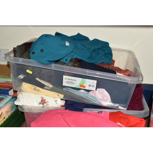 476 - SIX BOXES OF LADIES' CLOTHING AND ACCESSORIES, to include skirts, sweaters and tops, mostly Uk size ... 
