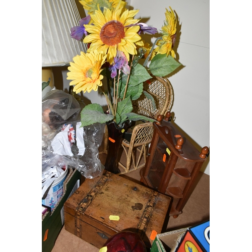 478 - TWO BOXES OF TREEN AND SUNDRIES, to include a collection of seashells, wooden serving trays, two tab... 