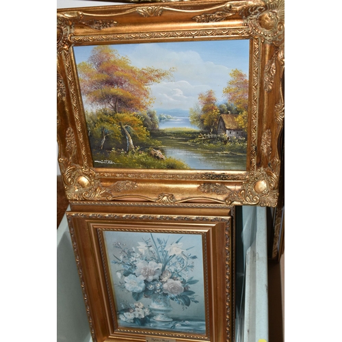 481 - A SMALL QUANTITY OF PAINTINGS AND PRINTS, to include an indistinctly signed oil on canvas landscape,... 