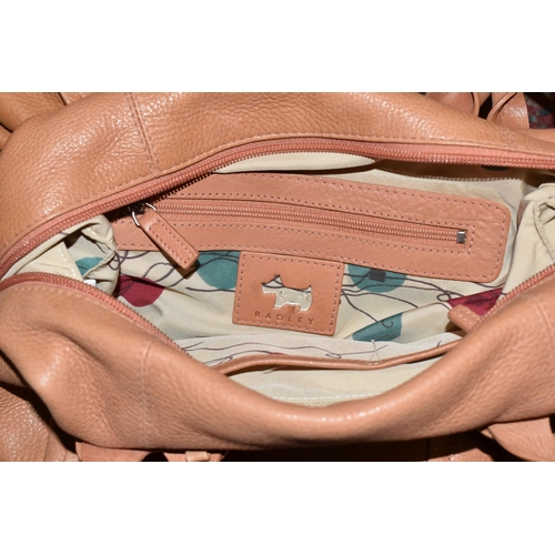 483 - TWO TAN COLOURED RADLEY HANDBAGS, approximate widths 26cm and 36cm, Condition Report: both appear to... 