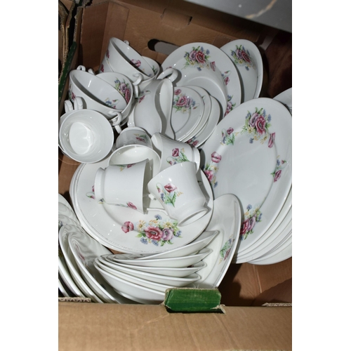 489 - FIVE BOXES OF TEA AND DINNER WARES ETC, to include Allertons cups, saucers and plates, Crown floral ... 