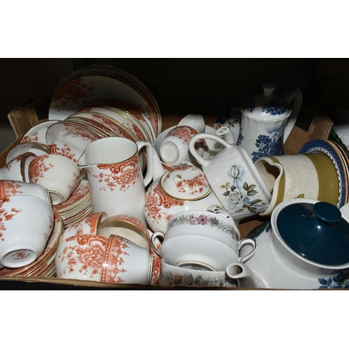 489 - FIVE BOXES OF TEA AND DINNER WARES ETC, to include Allertons cups, saucers and plates, Crown floral ... 