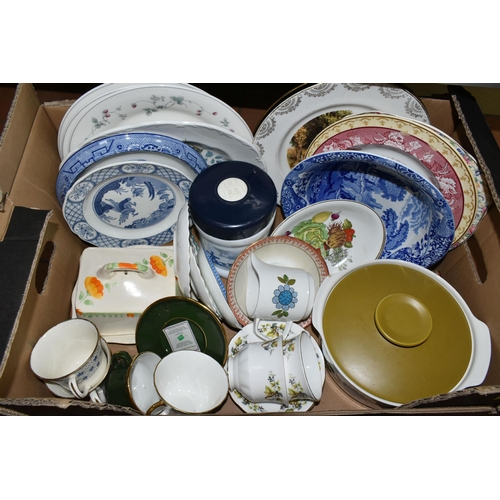 489 - FIVE BOXES OF TEA AND DINNER WARES ETC, to include Allertons cups, saucers and plates, Crown floral ... 