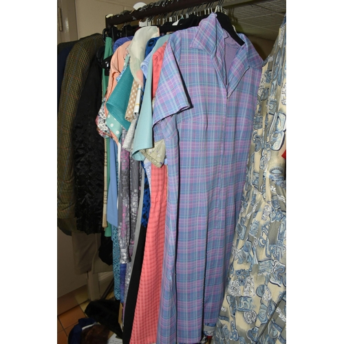 493 - ONE RAIL OF VINTAGE CLOTHING AND FOUR BOXES OF ACCESSORIES, to include gentlemen's overcoats, jacket... 