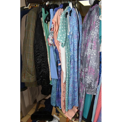 493 - ONE RAIL OF VINTAGE CLOTHING AND FOUR BOXES OF ACCESSORIES, to include gentlemen's overcoats, jacket... 