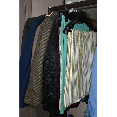 493 - ONE RAIL OF VINTAGE CLOTHING AND FOUR BOXES OF ACCESSORIES, to include gentlemen's overcoats, jacket... 