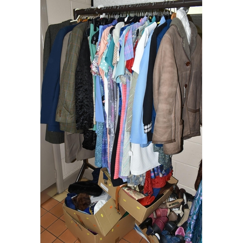 493 - ONE RAIL OF VINTAGE CLOTHING AND FOUR BOXES OF ACCESSORIES, to include gentlemen's overcoats, jacket... 