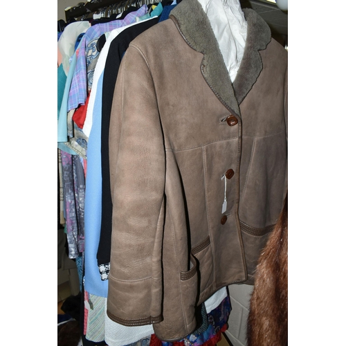 493 - ONE RAIL OF VINTAGE CLOTHING AND FOUR BOXES OF ACCESSORIES, to include gentlemen's overcoats, jacket... 