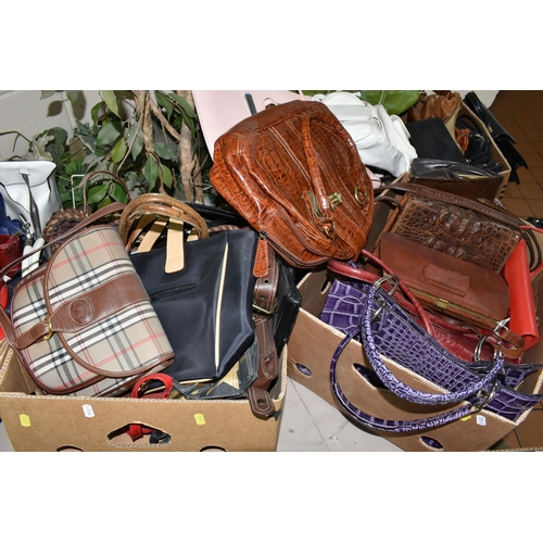 498 - FOUR BOXES OF ASSORTED HANDBAGS, SHOULDER BAGS AND CLUTCH BAGS ETC, over fifty bags,  brands include... 