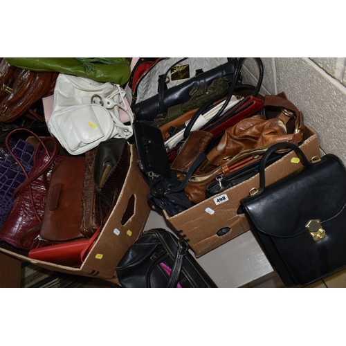 498 - FOUR BOXES OF ASSORTED HANDBAGS, SHOULDER BAGS AND CLUTCH BAGS ETC, over fifty bags,  brands include... 