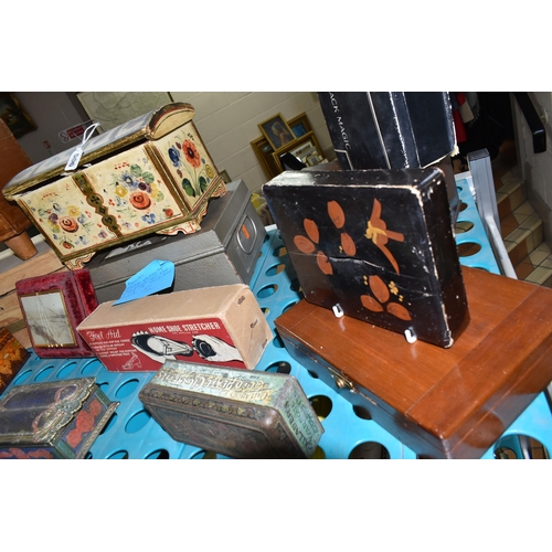 506 - A COLLECTION OF ASSORTED BOXES, to include a small wooden painted chest, decorated inside and out wi... 